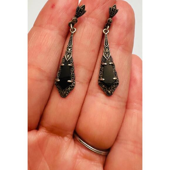 Vintage Sterling Silver Onyx Marcasite Earrings - Picture 5 of 5